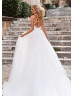 V Neck White Organza Backless Wedding Dress With Crystals